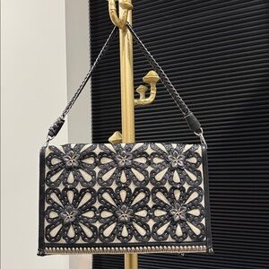 Brighton Gloria 3D Floral Appliqué Weaved Leather Clutch Bag Black Beige Silver